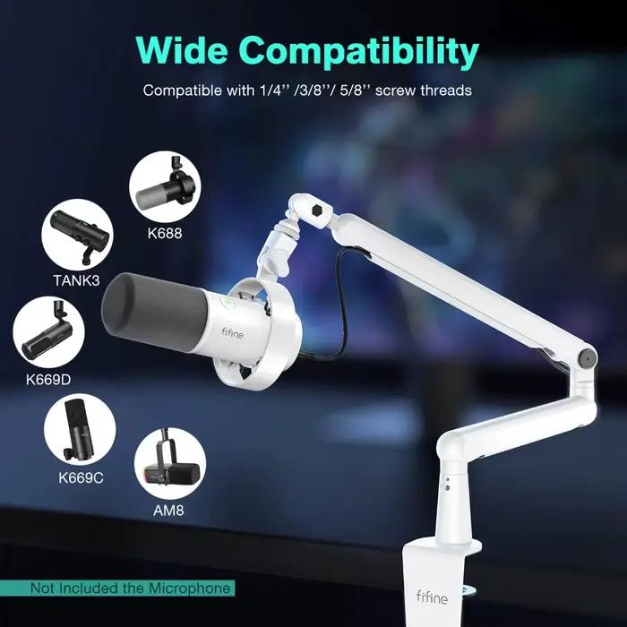 Bras de micro réglable à profil bas avec pince de fixation pour bureau, rangement de câbles pour streaming et jeux - Blanc et noir