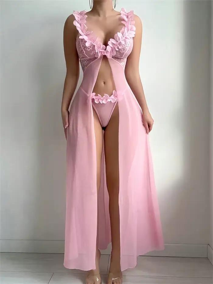 Robe de nuit en dentelle florale rose pour femmes, lingerie sexy, babydoll, robe de nuit exotique, dentelle profonde en V, maille transparente, chemises de nuit