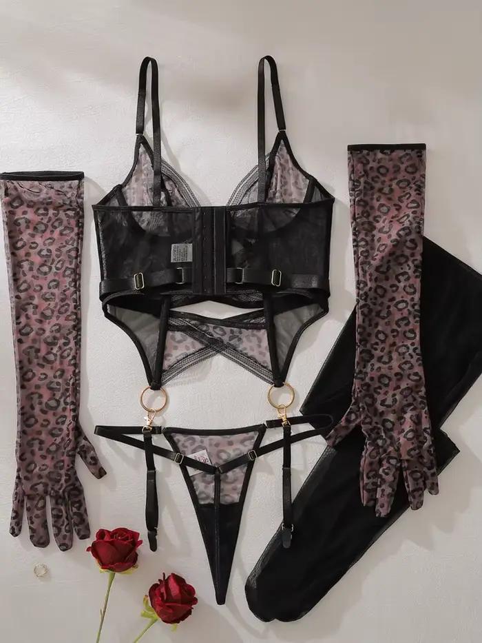 Ensemble de lingerie sexy transparente motif léopard avec gants en maille élégants