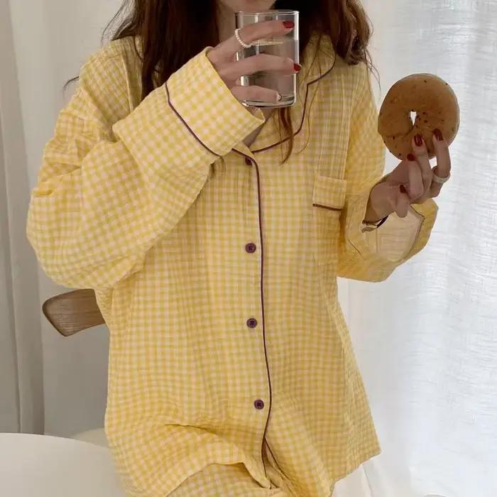 Pyjamas en coton pour femmes vêtements de nuit coréens femme 2 pièces ensemble Pijama Plaid