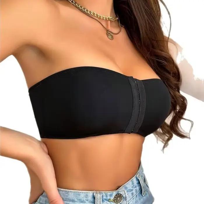 Soutien-gorge femme noir boucle avant amovible rembourré sans fil doux glace soie soutien-gorge sans trace sous-vêtements sans bretelles pour femmes soutien-gorge sans bretelles