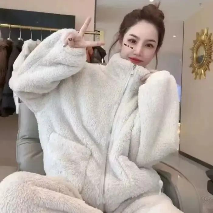 Polaire épais chaud femmes pyjamas ensemble hiver vêtements de nuit décontracté fermeture éclair corail flanelle veste