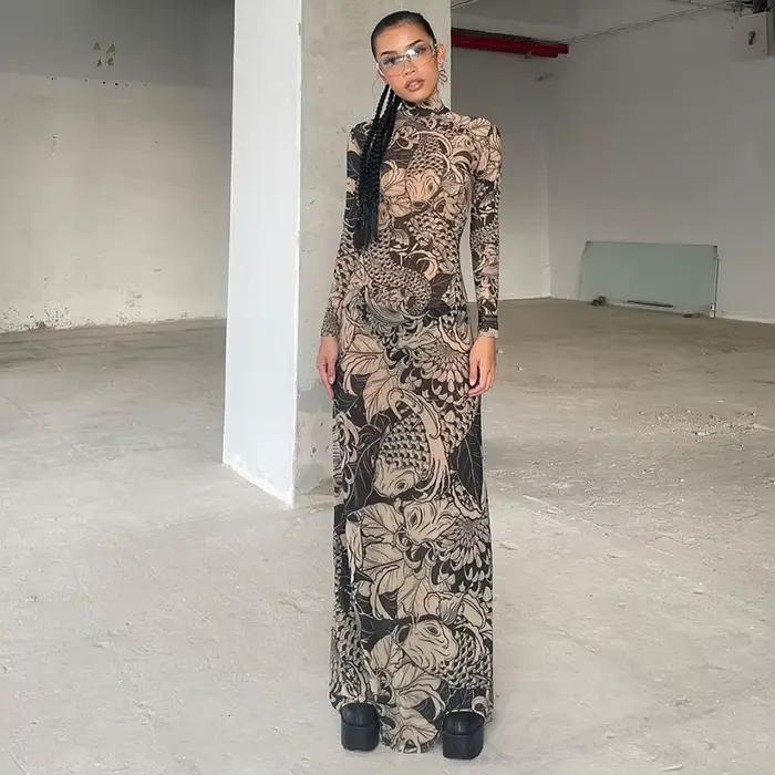 Nibber femmes élégant col rond corps imprimé Robe Maxi manches longues corps-shaping