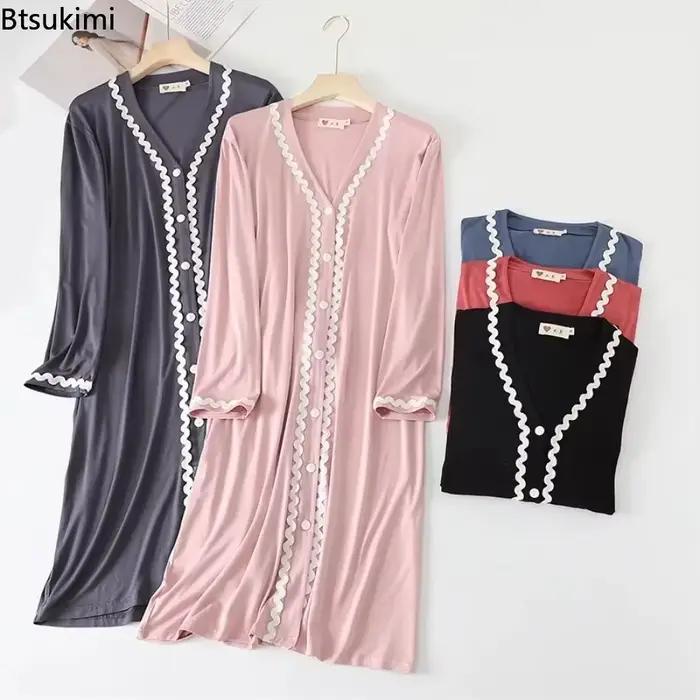 2026 femmes à manches longues col en v chemises de nuit mode boutonné Cardigan Robe