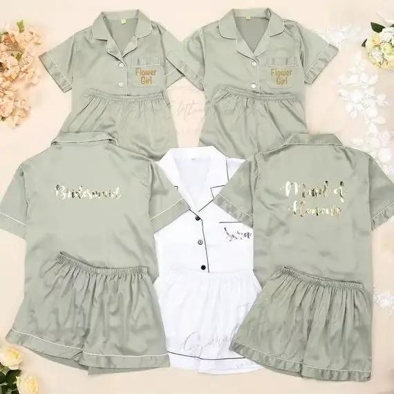 Pyjama de Demoiselle d'Honneur en Satin Bleu Poussiéreux