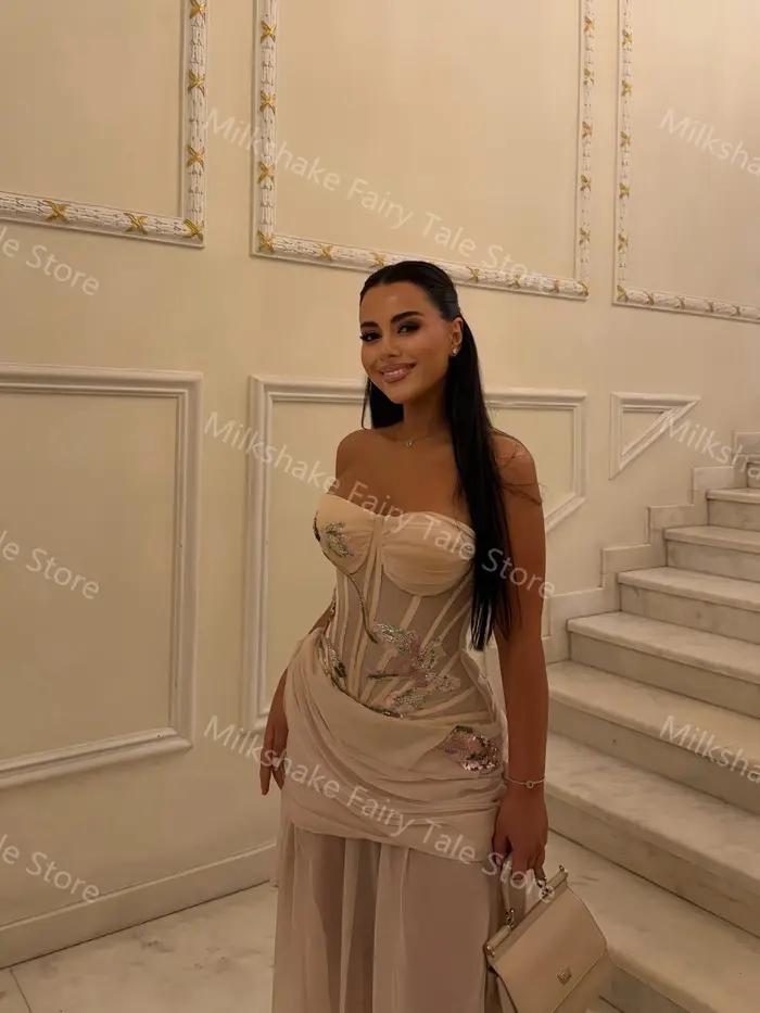 Robes de soirée champagne coupe trapèze, sans manches, avec appliques, en mousseline, longueur ras du sol, personnalisables pour occasions spéciales