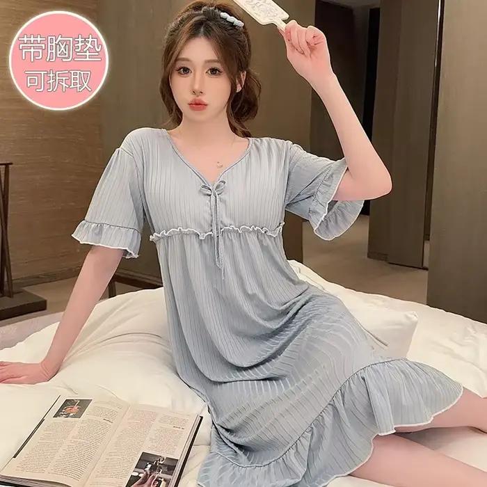 Chemise de nuit sexy en dentelle à manches courtes pour femmes, vêtements de nuit mignons, chemise de nuit à col en V, chemise de nuit en coton, chemise de nuit pour la maison, grande taille, été chau