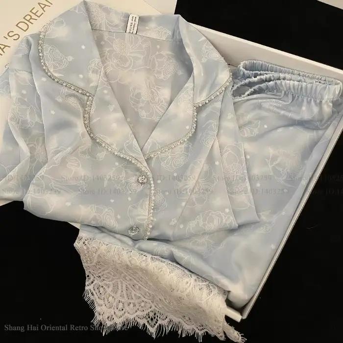 Grande taille 4XL femme 2 pièces Pyjamas ensemble vêtements de détente douce fille imprimer fleur déshabillé en dentelle à manches longues Pijamas soie Satin Homewear