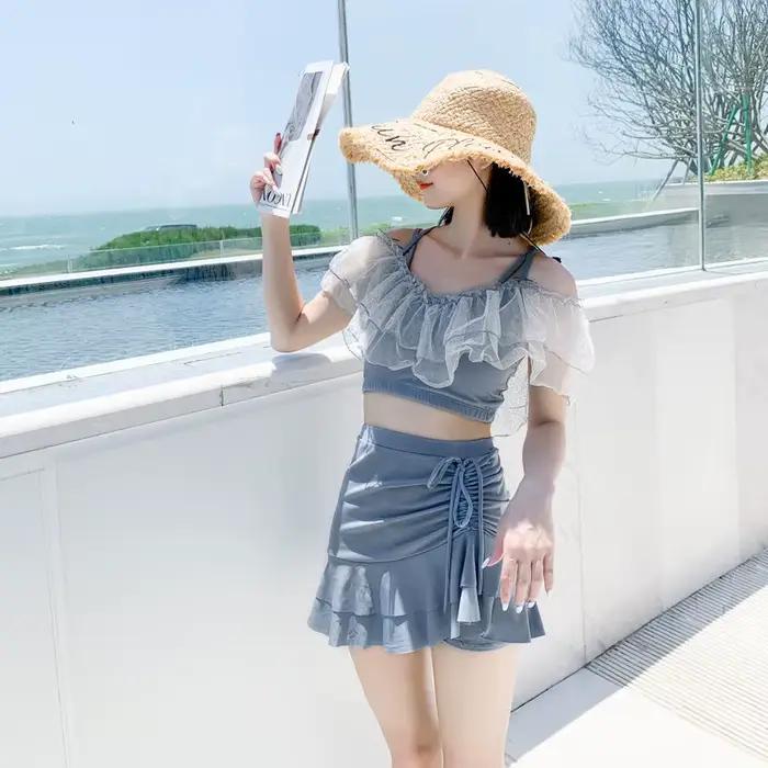 Maillot de bain deux pièces pour femmes, bikini sexy, élégant, dos nu, à volants tendres, à la mode, style coréen, pour filles douces, été