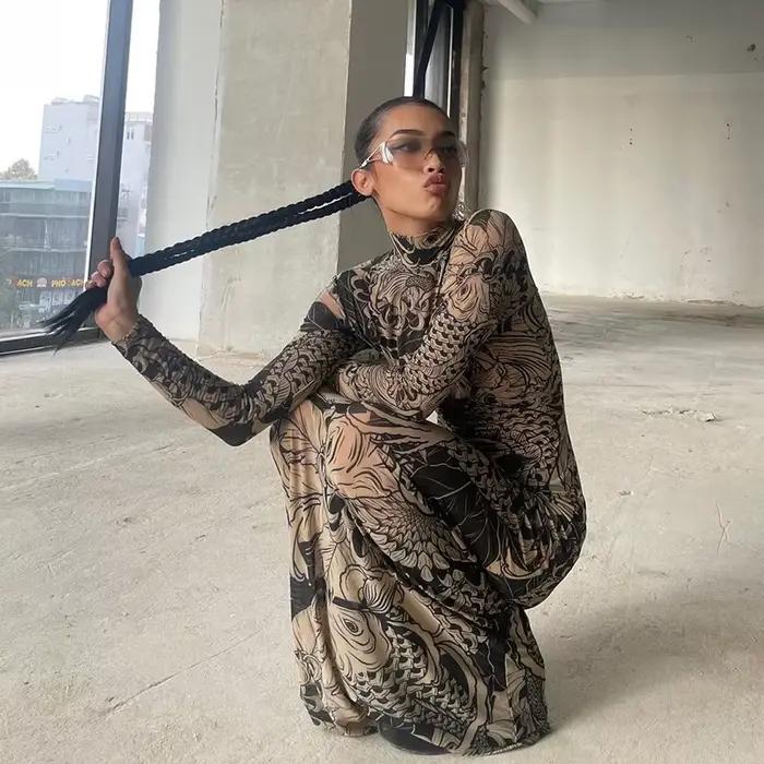 Nibber femmes élégant col rond corps imprimé Robe Maxi manches longues corps-shaping