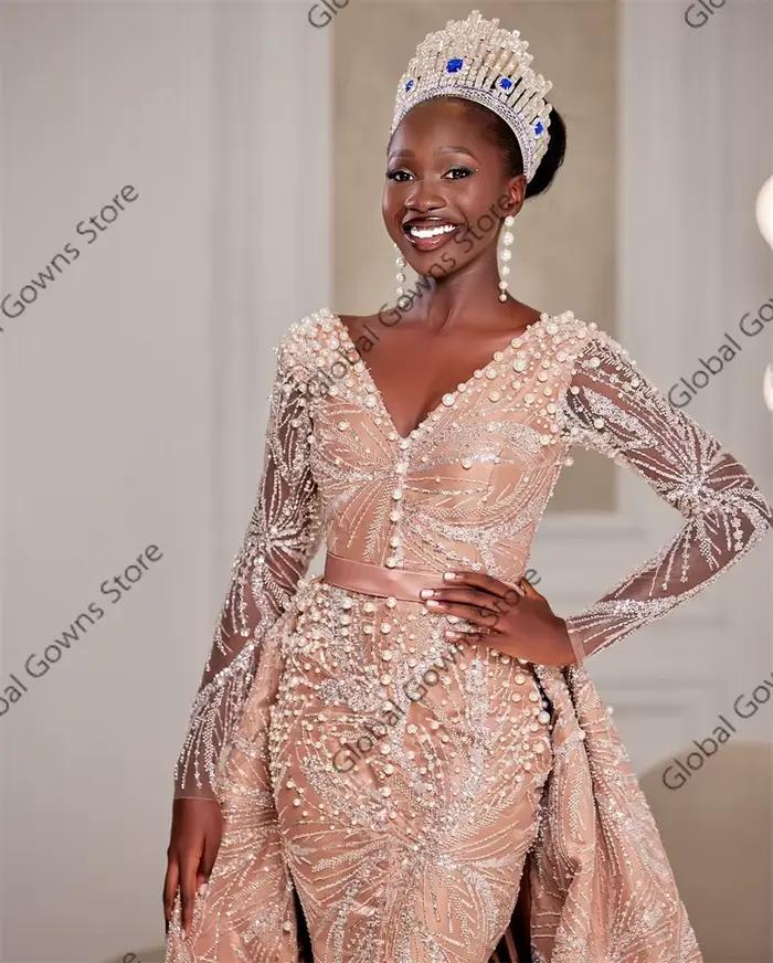 Robe de Soirée Luxueuse en Dentelle avec Appliques de Perles, Couleur Champagne, Style Moyen-Orient, Tenue Formelle avec Poignées et Queue Amovible, Personnalisée, pour ixd'Anniversaire, V N