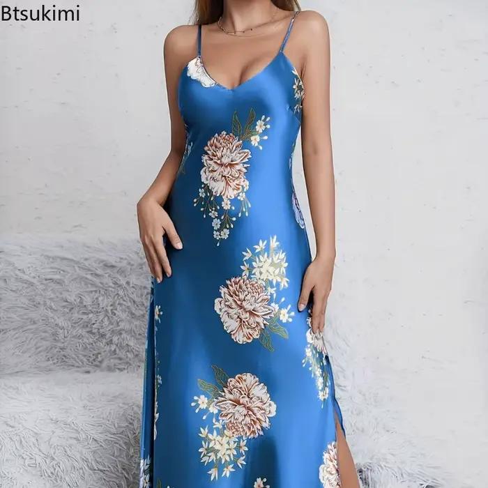 Nouveau 2026 femmes d'été élégant Sexy col en v imprimé fleuri soyeux confort lisse Slip chemises de nuit robes