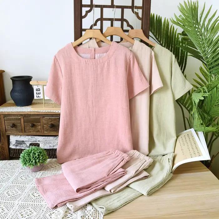 2025 Couple Tencel chanvre coton pyjamas hommes et femmes décontracté Simple et confortable à manches courtes pantalon ensemble de vêtements de détente