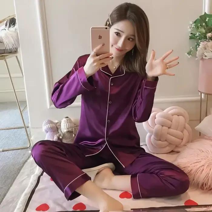 Femmes soie Satin Pyjamas ensemble vêtements de nuit Pijama