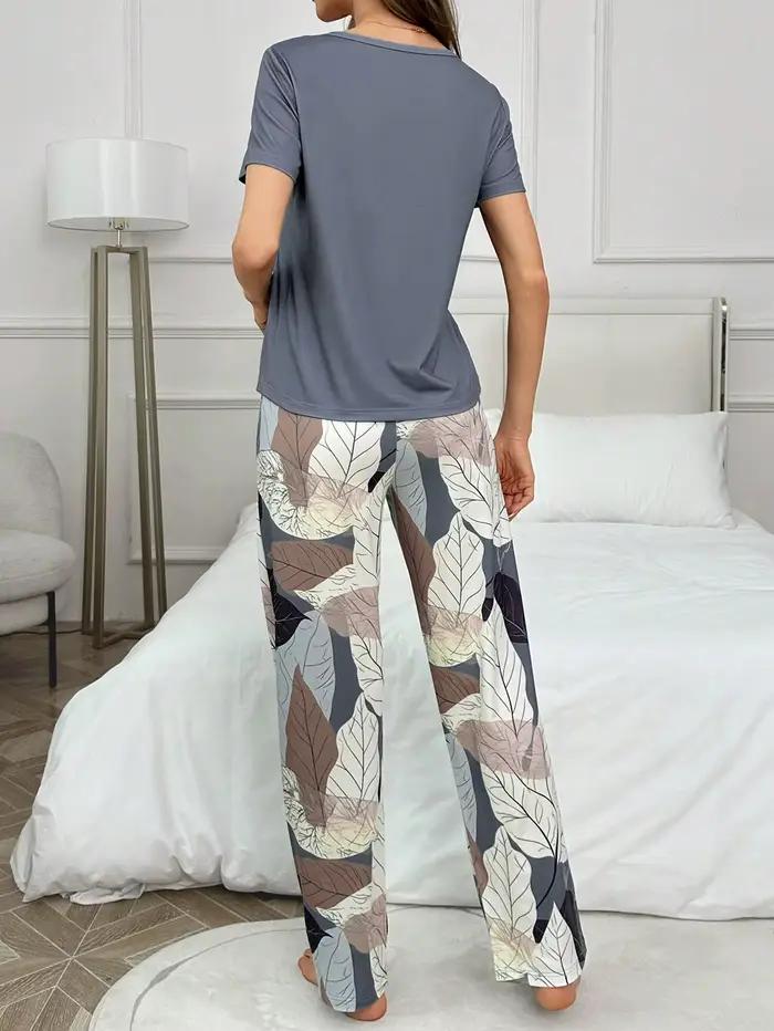 Ensemble 2 pièces de pyjama quatre saisons pour femmes, imprimé Floral élégant, ensemble de pyjama confortable à manches courtes et pantalons longs