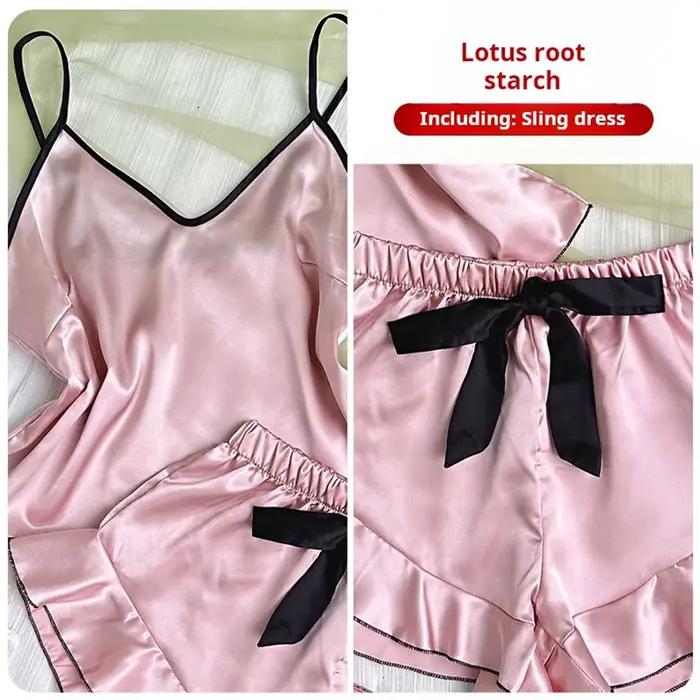 Ensemble pyjama en satin de soie pour femmes, col en V, bretelles spaghetti, shorts à volants, élégant et confortable pour les nuits d'été et toutes les occasions