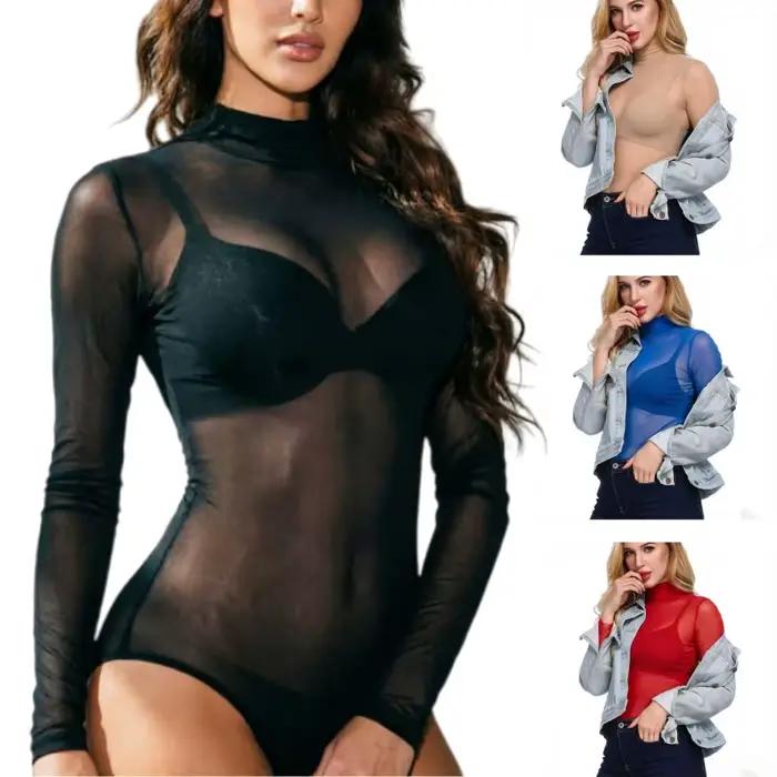 Body moulant noir à manches longues pour femmes