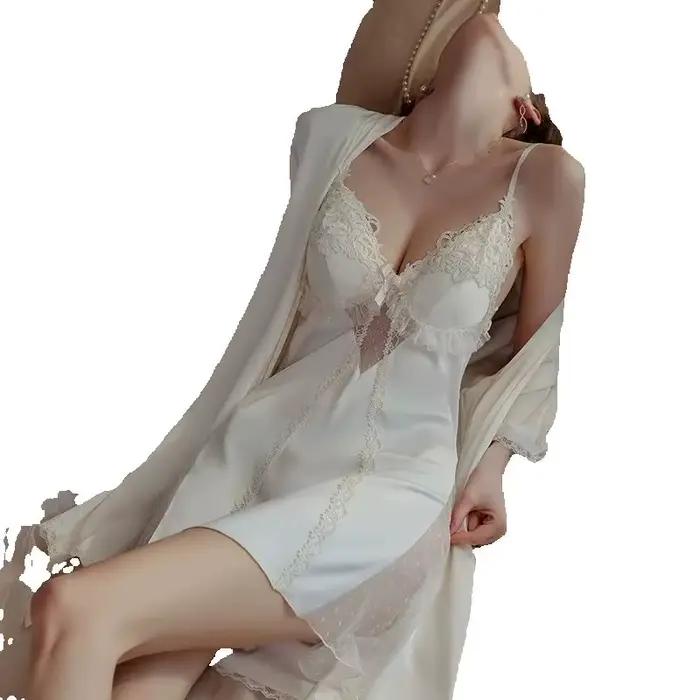 Tentation dentelle chemise de nuit Sexy femme nuisette & robe ensemble vêtements de détente Lingerie intime soie Satin