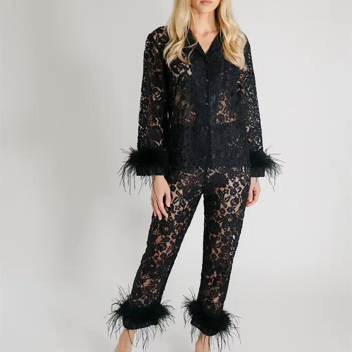 Pyjama à manches longues et pantalon pour femmes, garniture en plumes, ensemble de salon en dentelle florale, 2 pièces transparent, vêtements de nuit pour la saint-valentin