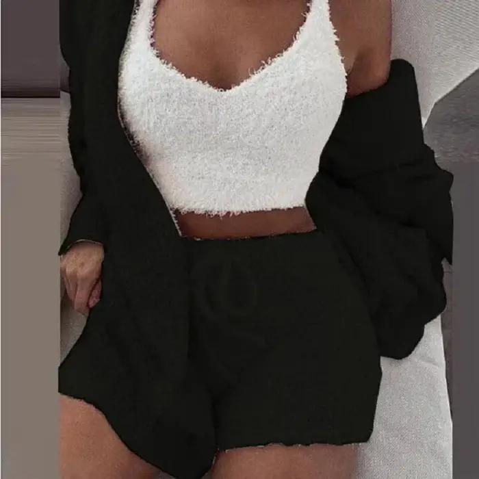 Nouvel ensemble de pyjama en velours pour femme 2026 – Haut court sexy + short + veste – 3 pièces – Tenue décontractée