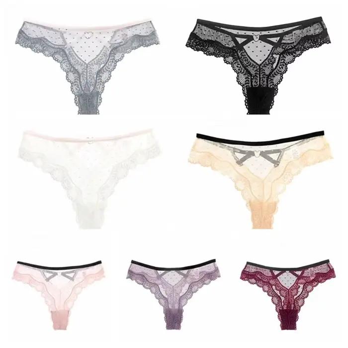 Culotte string taille basse en dentelle ajourée pour femme motif à pois en maille transparente polyestère occassions romantiques et quotidienne