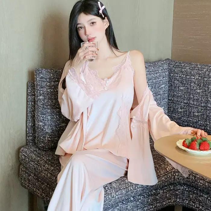 Femme 3 pièces Pyjamas ensemble vêtements de détente élégant Style cour française