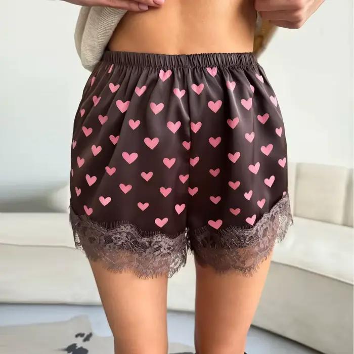 Short en Satin et dentelle imprimé cœur pour femmes, Mini short en soie Y2k, taille élastique, Coquette, Boxer esthétique, jupon, culotte française