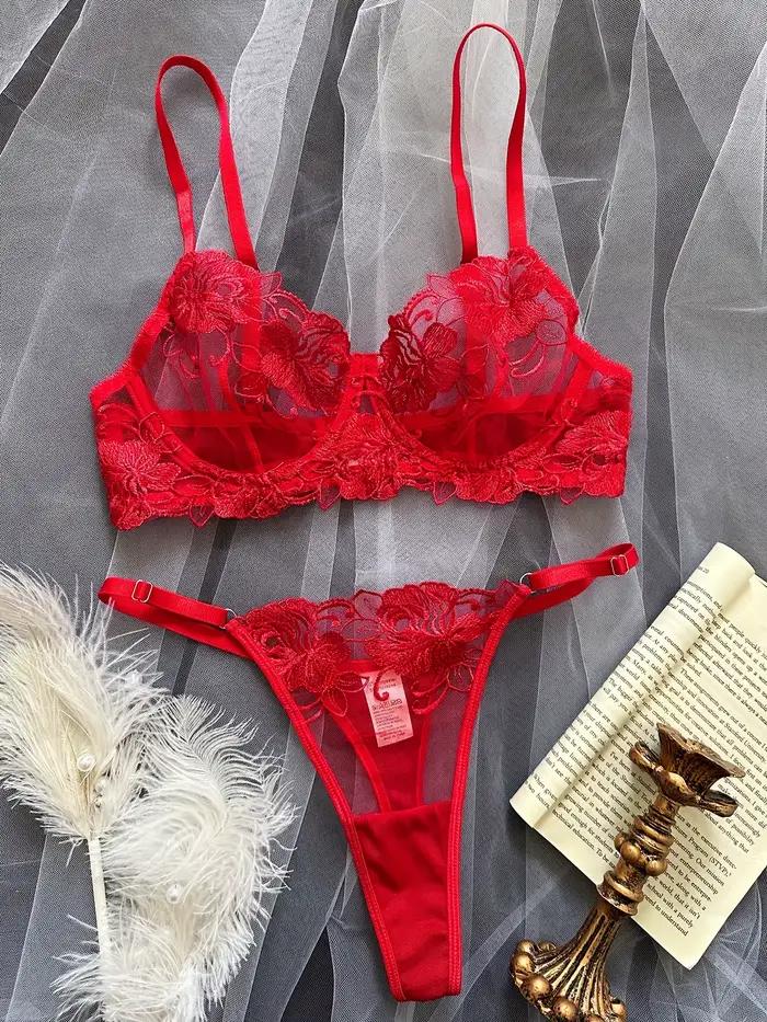 Rouge Sexy corps Lingerie femme dentelle sous-vêtements transparents fée broderie bref ensembles délicat soutien-gorge