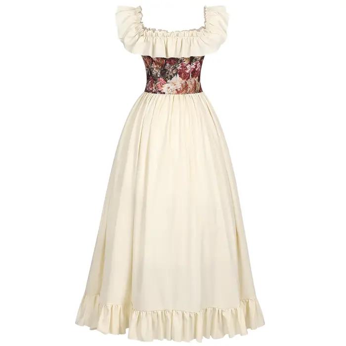 Robe Corset Médiévale Renaissance Épaules Dénudées Femme Élégante Corset Floral Vintage Gothique Victorien Costume d'Halloween Robe de Bal