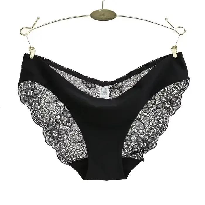 Sous-vêtements invisibles pour femmes, entrejambe en Spandex, intime, Sexy, dentelle, culotte florale noire, sans couture