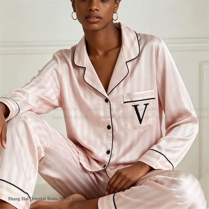 Nouvel ensemble pyjama 2 pièces printemps-automne, broderie rayée rose, vêtements de nuit, tenue décontractée en satin ample pour femme
