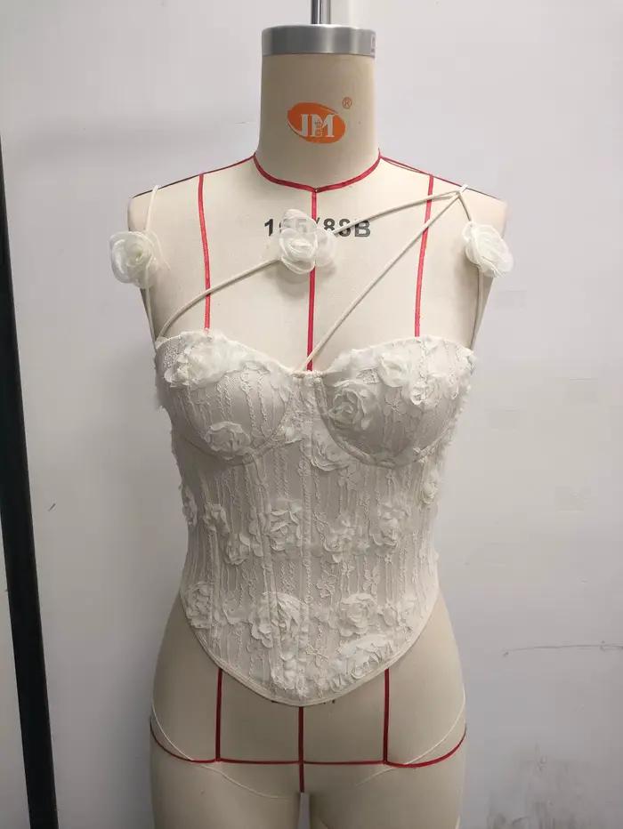Corset chic pour femme en dentelle 3D rose crème
