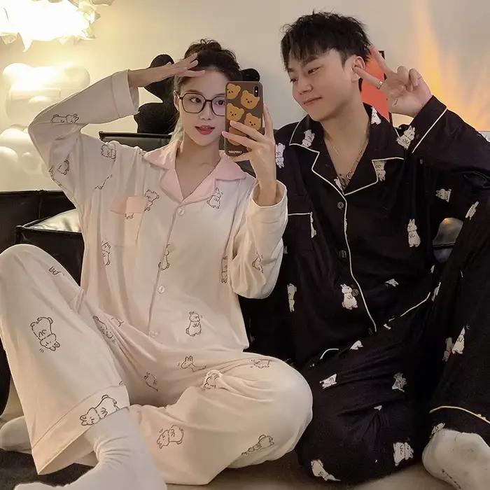 Pyjamas femmes pyjama homme ensemble coton grande taille printemps automne à manches longues coréen Cardigan décontracté col en v vêtements de nuit Couple pyjamas