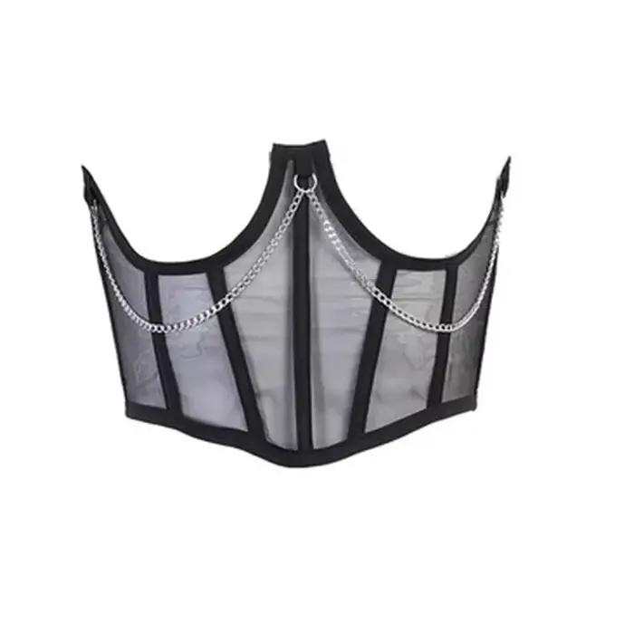 Punk chaîne en métal noir Corset centre commercial Goth taille haute Corsets Harajuku Vintage maille voir à travers la taille Shaper Corsets 2025