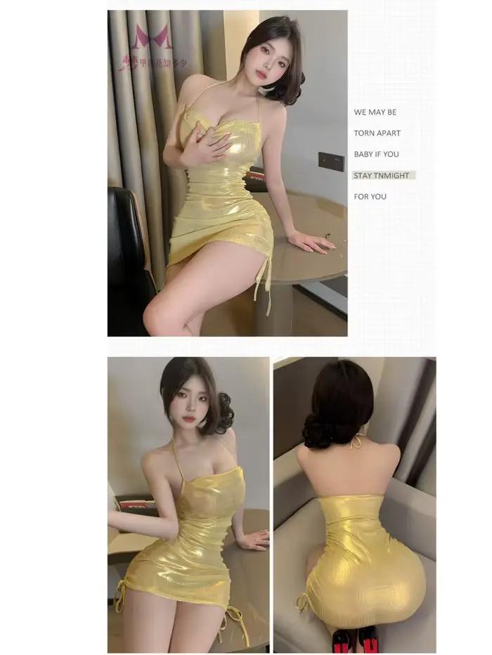 Robe de discothèque dorée brillante pour filles, Sexy, uniforme élégant pour femmes, vêtements de nuit, mode Slim, robe coréenne douce LIH7