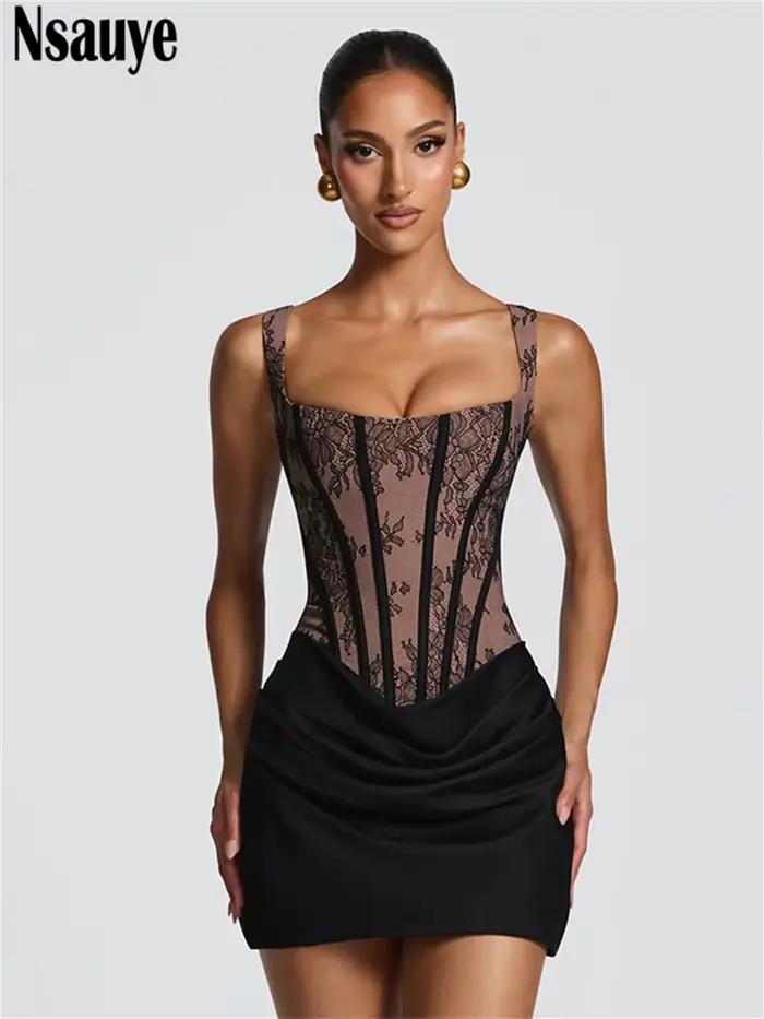 Nsauye 2026 Robe Courte Sexy de Soirée Clubbing Moulante Mini Corset Élégante à Imprimé Floral Nouvelle Mode Été pour Femme