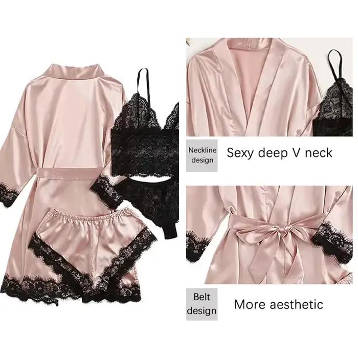 4 pièces femme vêtements de nuit pyjamas Ser avec Robe Sexy dentelle Lingerie peignoir soie Satin maison