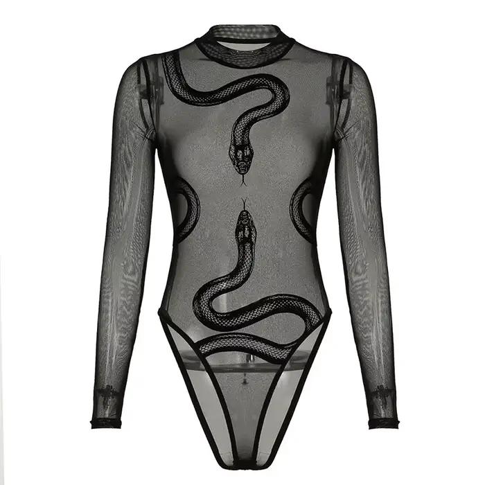 Combinaison en maille transparente imprimé serpent noir pour femme style sexy E-girl gothique Y2K soirées festivals nocturne audacieux