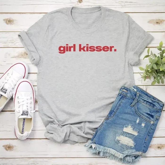 T-shirt drôle pour femme, motif « Lesbian Girl Kisser Pride LGBTQ WLW Pansexual Bisexual », style Y2K Streetwear Rétro, manches courtes, hauts décontractés