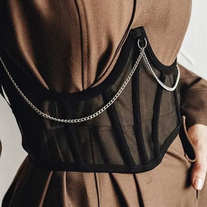 Corset Sexy sous le buste Punk chaîne en métal noir femmes haut courbe Shaper sangle minceur taille haute ceinture dentelle Bustiers