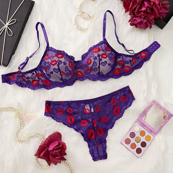 Lingerie Sexy rouge lèvre broderie sous-vêtements en dentelle ensemble de soutien-gorge translucide Lingeries
