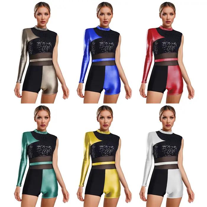 Costume de danse Jazz pour femmes, body de Performance, gymnastique, paillettes scintillantes, Patchwork, justaucorps métalliques, vêtements de danse pour salle de bal