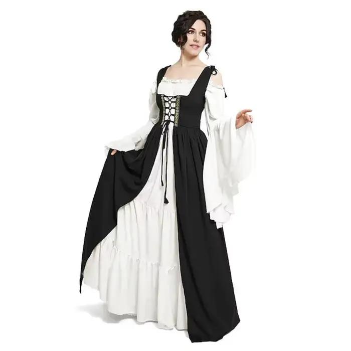Robe corset de style cour médiévale à manches longues avec manches chauve-souris épaules dénudées et jupe longue évasée pour femme