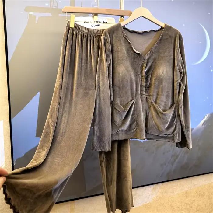Pijama Feminino Island velours chaud Pyjamas ensemble femme coréenne élégant coussin de poitrine à manches longues haut pantalon costume hiver vêtements de nuit Pyjama