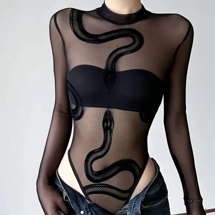 Combinaison en maille transparente imprimé serpent noir pour femme style sexy E-girl gothique Y2K soirées festivals nocturne audacieux