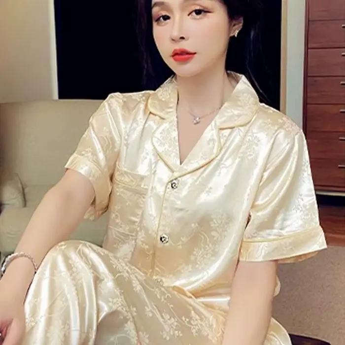 Conjuntos De Pijama nouveau Satin De soie vêtements De nuit femmes pyjama ensembles revers manches courtes chemise