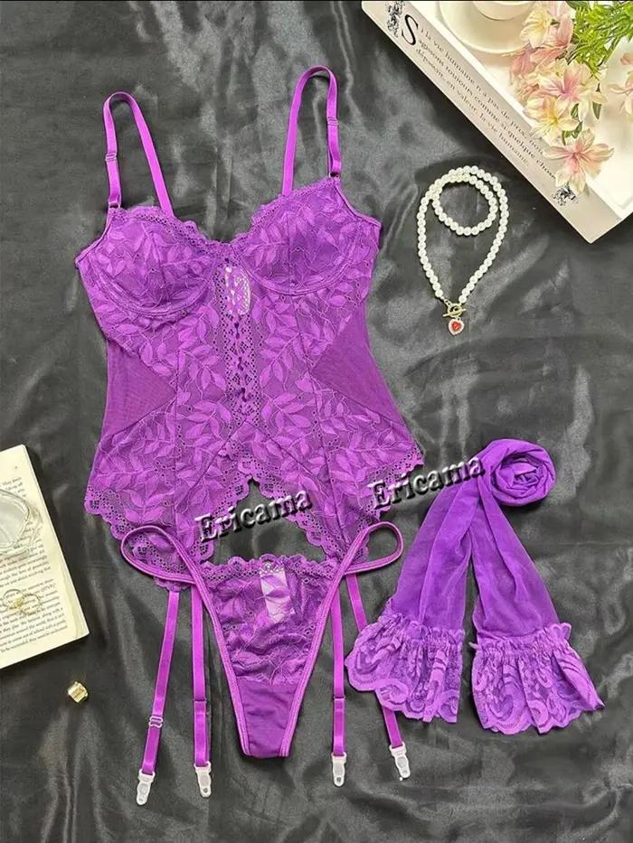 Lingerie fantaisie Sexy sous-vêtements en dentelle 3 pièces Transparent épissé soutien-gorge et culotte ensemble