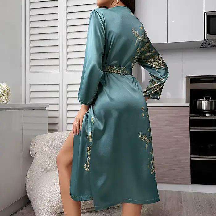 Vert imprimé vêtements de nuit femmes Sexy longue Kimono Robe col en v