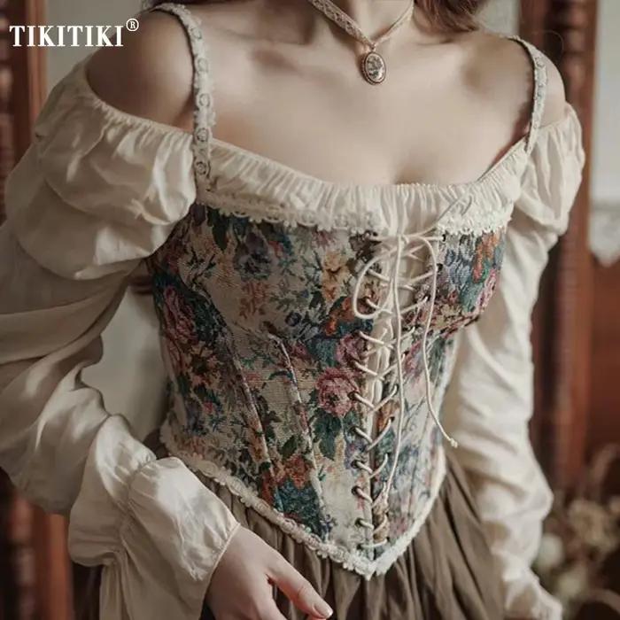 Mignon Vintage Floral Jacquard Corset broderie haut bustier rétro arête de poisson à lacets