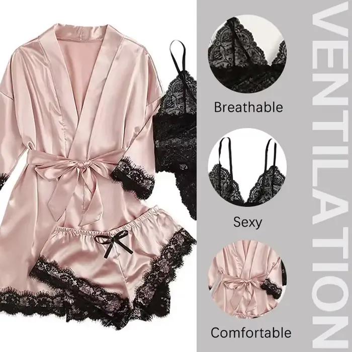 4 pièces femme vêtements de nuit pyjamas Ser avec Robe Sexy dentelle Lingerie peignoir soie Satin maison